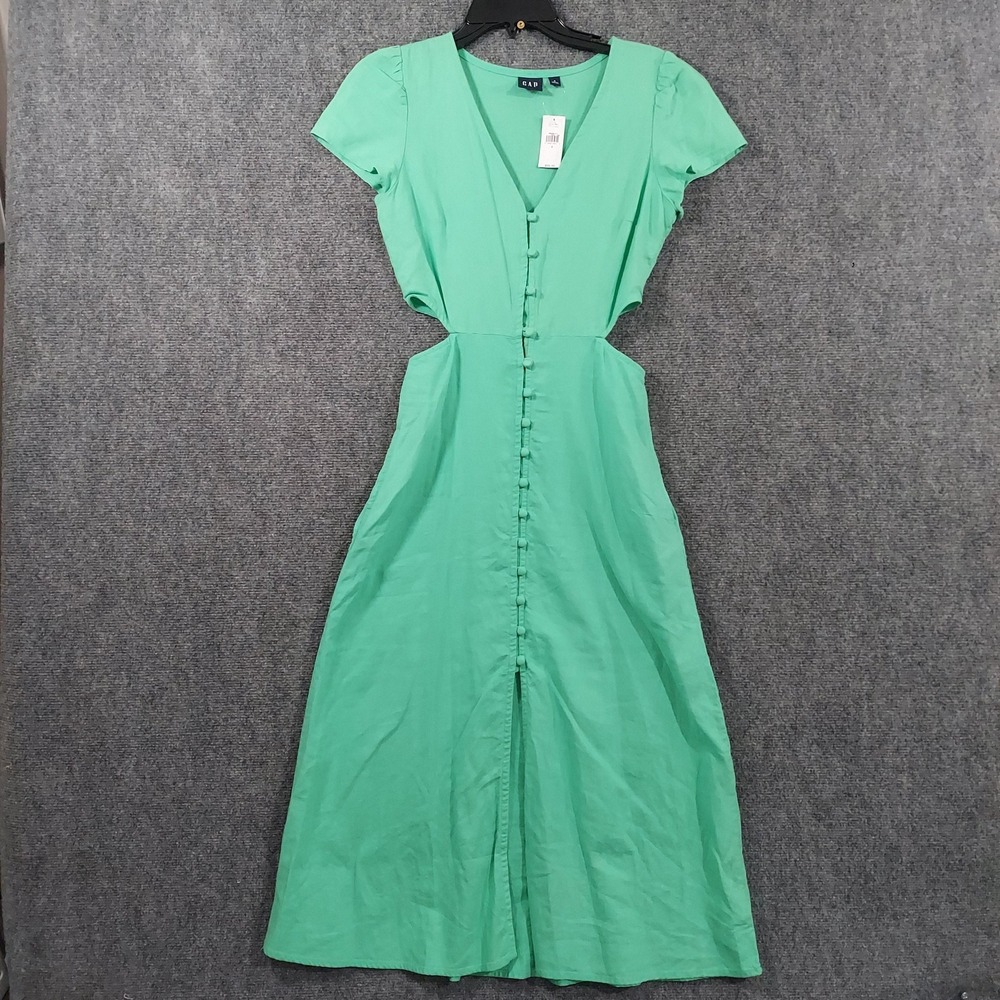 Gap Dress‎ Womens 2 Green Linen Cutout Button Front Midi Short Sleeve V Neck